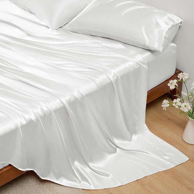 Bedsure White Satin Sheets King Size - 4 Piece Silky Bedsheets with 15 Inches Deep Pocket Fitted Bedsheet,1 Flat Sheet, 2 Satin Pillowcases, Good for Hair & Skin (King, White)