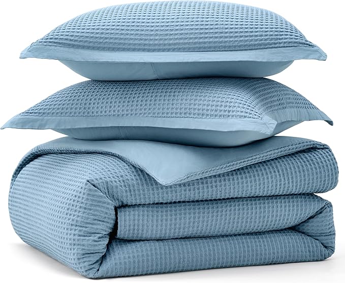Bedsure Cotton Duvet Cover King - 100% Cotton Waffle Weave Grey Blue Duvet Cover King Size, GentleSoft™ and Breathable Bedding Set for All Season, 3 Pieces, 104"x90"