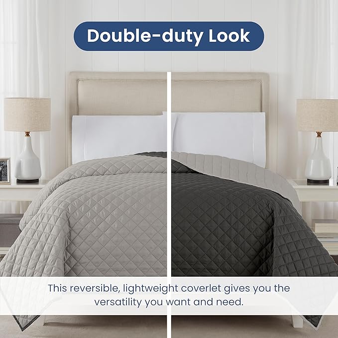 Martex Reversible Coverlet – King Bed Quilt – Lightweight King Size Bedding – Durable King Size Quilts for Bed – Soft - Easy Care Bedding – Light Gray/Graphite