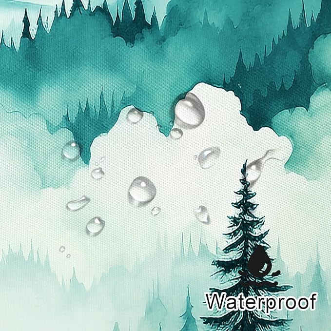 Teal Blue Misty Pine Forest Shower Curtain, Mountain Foggy Woodland Scenery Tree Shower Curtains for Chic Rustic Bathroom, Turquoise Abstract Waterproof Nature-Themed Decor, 72x72 Inches