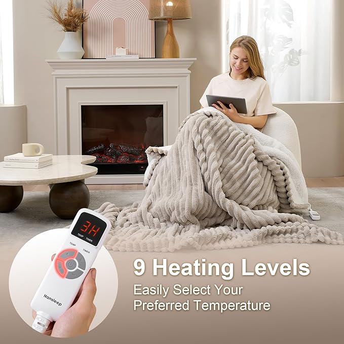 Hansleep Heated Blanket Electric Blanket Twin, Heating Blanket with 9 Heating Levels and 10-Hour Timer Auto Shut Off, Washable Soft Warm Winter Blanket, 62 x 84 Inches, Linen