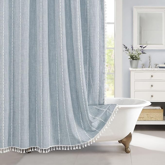 MitoVilla Boho Extra Long Shower Curtain 72 x 96, Blue Modern Farmhouse 96 inch XL Polyester Linen Texture Tassel Fabric Shower Curtain Set with Hooks for Cottagecore Country Bathroom Decor,Blue