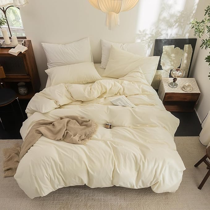 FOSSA Duvet Cover Set 100% Washed Cotton Linen Feel Super Soft Breathable Cozy 3 Pieces Bedding Sets Solid Cream White Oversized Queen