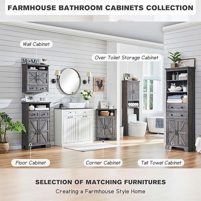 ACCOHOHO Over The Toilet Storage Cabinet, Farmhouse Bathroom Cabinet with Adjustable Shelf & Barn Door, 67" Tall Over The Toilet Shelf, Grey Wash