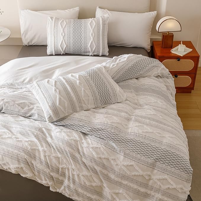 Cottonight White Black Boho Comforter Set Full Farmhouse Tufted Bedding Set Soft Bohemain Shabby Chic Blanket Quilts Embroidery Rustic Luxury Soft 3PCS Bed Set for Women Men