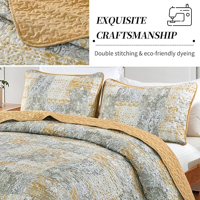 Mybedsoul Yellow Boho Quilt Set King Size 3 Pieces Grey and Yellow Plaid Floral Bedding Set Microfiber Lightweight Bohemian Patchwork Bedspread Coverlet Set for All Season 90"x104"
