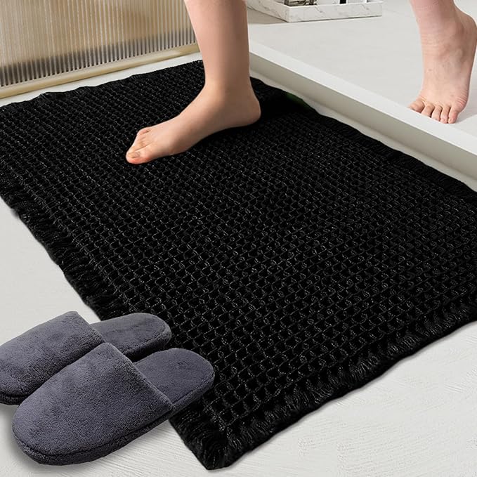 ZALL Waffle Bath Mat Black Super Absorbent Non Slip Bathroom Rug,Rhombus Geometric 17x24inch,Machine Washable Ultra Soft Floor Mats