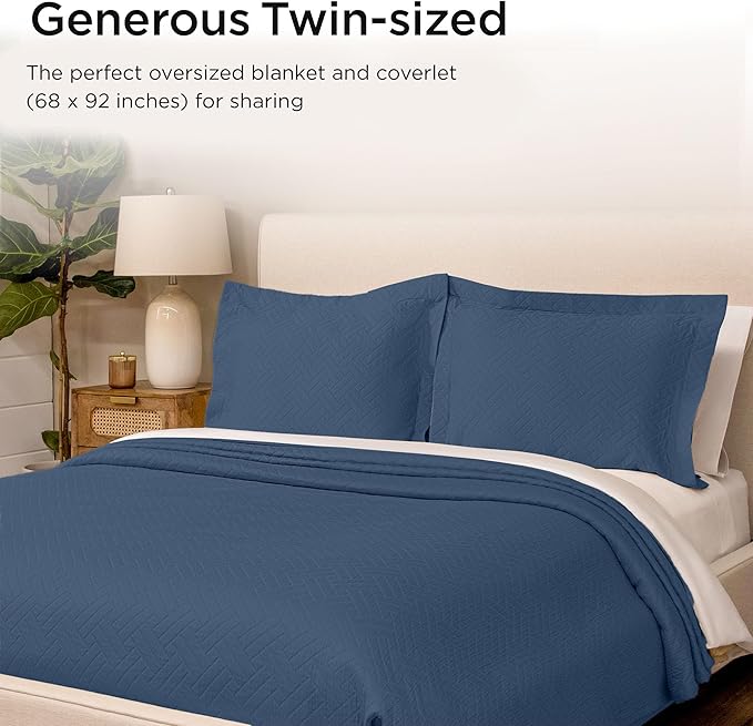 Threadmill Luxury Cotton Blankets for Twin Size Bed | All-Season 100% Cotton Twin Blanket for Bed | Criss Cross Jacquard Lightweight, Soft & Cozy Coverlet, 350GSM, 68x90 inches | Folkstone Blue