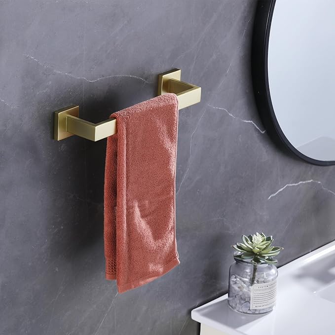 LANC 12-Inche Towel Bars for Bathroom Wall Mounted 30CM Brushed Gold Kitchen Towel Ring Total-14” Stainless Steel Square Towel Rails for Bathroom Hand Towel Holder Towel Hanger, A8804BG-3P1