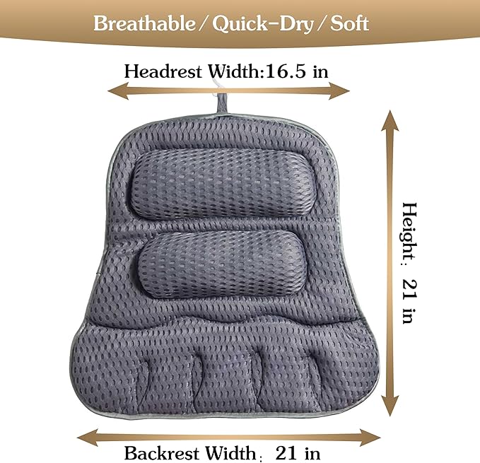 Luxury Bath Pillow for Tub, Dual Headrest & Back Support, 4D Air Mesh Quick-Dry Cushion, 10 Strong Suction Cups, Extra-Large Spa Bathtub Pillow Gift for Women(Grey)