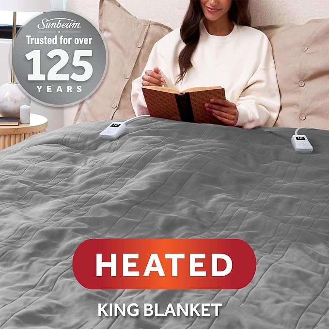 Sunbeam Electric Royal Luxe Microplush Heated Blanket, 12 Heat Settings, 12-Hour Auto Shut-Off, Fast Heating, Warm & Cozy, Machine Washable, Dove Gray Color, King (90" x 100")