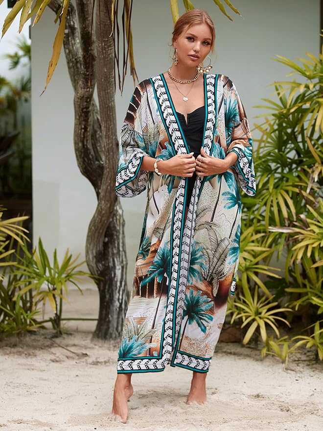 Women Casual Open Front Lightweight Cardigan Long Beach Kimono Cover Up
