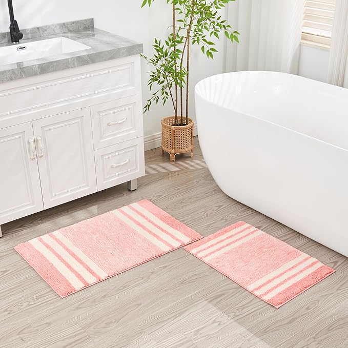 CozeCube Bath mats for Bathroom Non Slip, Fluffy Absorbent Microfiber Bath mat Washable, Aesthetic Bathroom Rugs, Large Blossom Pink Striped Bath mat, Blossom Pink, 36" x 24"