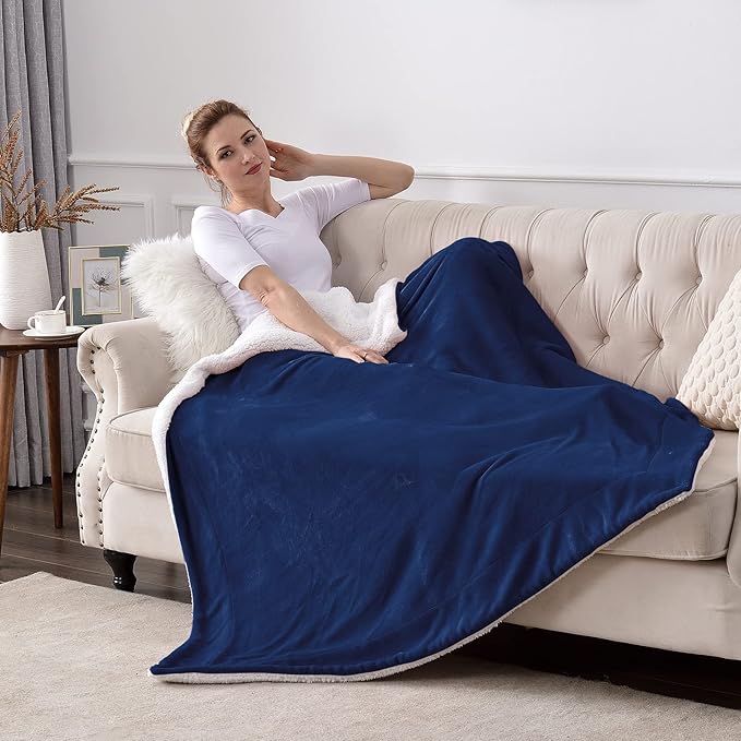 SOCHOW Sherpa Fleece Throw Blanket, Double-Sided Super Soft Luxurious Plush Blanket Queen Size 90 inchx90 inch, Navy Blue