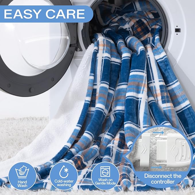 Heated Blanket Electric Throw, Heating Throw with 8 Hours Auto Off & 8 Fast Heating Levels, Blue White Plaid Checkered Sherpa Blanket Warmer for Adults, Washable Blanket Gift for Couch Bed (50x60 In)