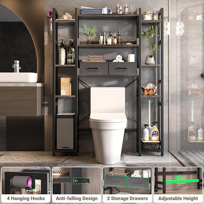 Over The Toilet Storage with 2 Drawers - 11 Tier Bathroom Organizer Freestanding Space Saver Storage Rack with Adjustable Shelf Above Toilet Stand with 4 Hooks for Restroom, Laundry, Grey Oak