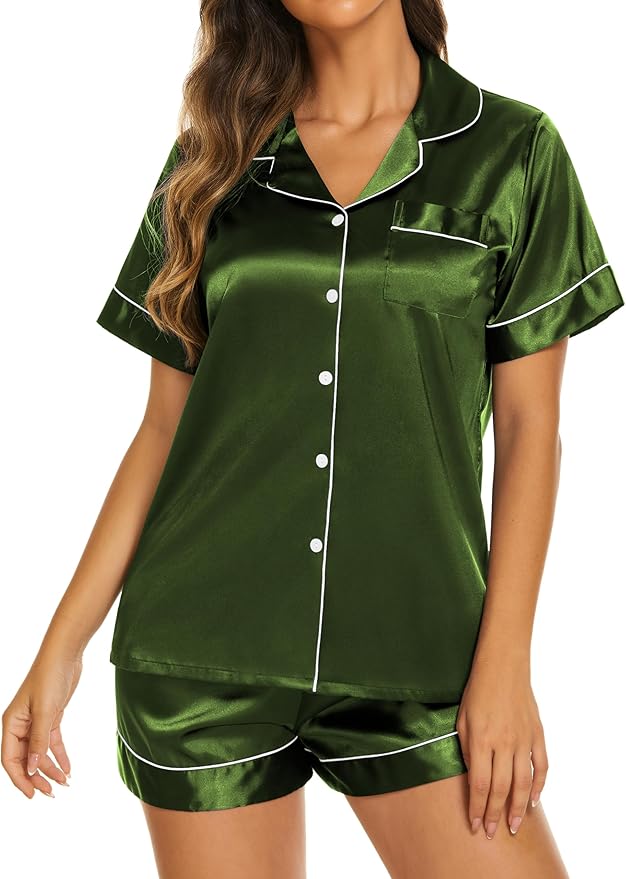 Ekouaer Silk Pajamas for Women Short Sleeve Sleepwear Soft Button Down Loungewear 2 Piece Satin Pjs Shorts Set