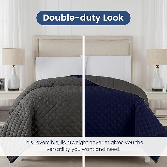 Martex Reversible Coverlet – King Bed Quilt – Lightweight King Size Bedding – Durable King Size Quilts for Bed – Soft - Easy Care Bedding – Graphite/Navy