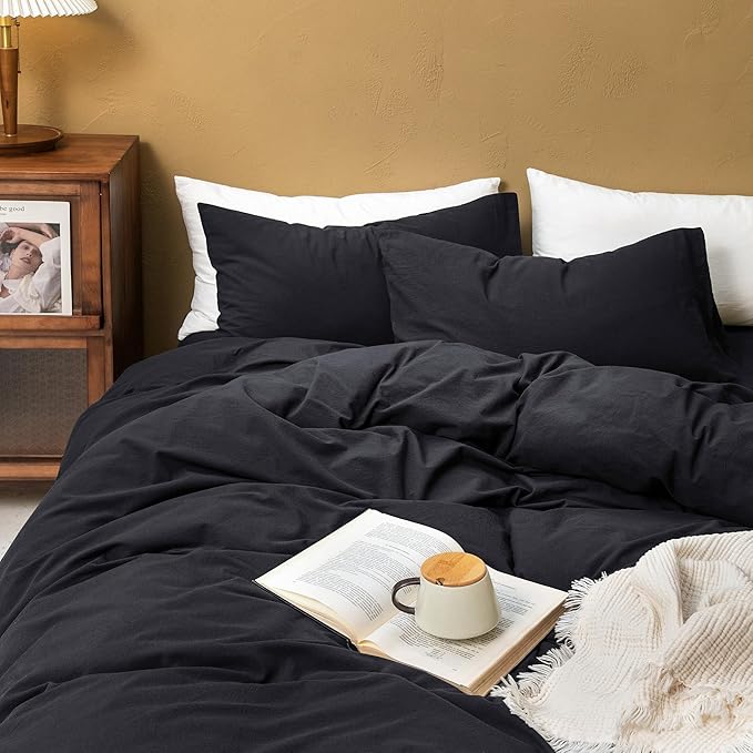 FOSSA Duvet Cover Set 100% Washed Cotton Linen Feel Super Soft Breathable Cozy 3 Pieces Bedding Sets Solid Black Super King Plus