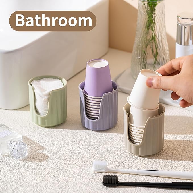 Kid Ceramic Bathroom Cup Dispenser with Stylish Vertical Stripes - Dixiee Cup Dispenser & Mouthwash Cup Holder Holds 3oz Paper Cups for Rinsing Cups on Bathroom Vanity Countertops Glossy Red