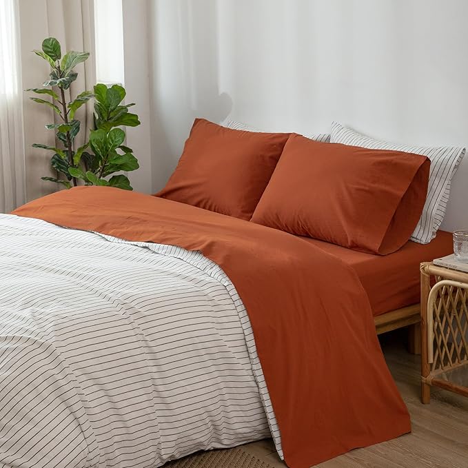 MooMee Bedding Sheet Set 100% Washed Cotton Linen Like Textured Breathable Durable Soft Comfy (Solid Rust Brown, Twin XL)