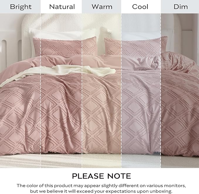JELLYMONI Duvet Cover King Size Smokey Pink - 3PCS Boho Duvet Cover Set Plaid Polyester Tufted Bohemian Jacquard Knit Textured Comforter Cover 104×90in Rhombic Geometric Pattern Zipper Corner Tie