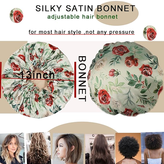 Satin bonnet for women 2PCS silk hair bonnet cap reversible for sleeping Adjustable Night sleep cap for curly natural hair double-layer and Washable (White Green flower)