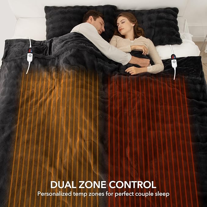 Faux Rabbit Fur Bubble Heated Blanket Queen Size Dark Grey - Fluffy Thick Electric Blanket with Dual Control, 6 Heating Levels & 10 Timer Settings, Overheat Protection, Home Decor (84" x 90")
