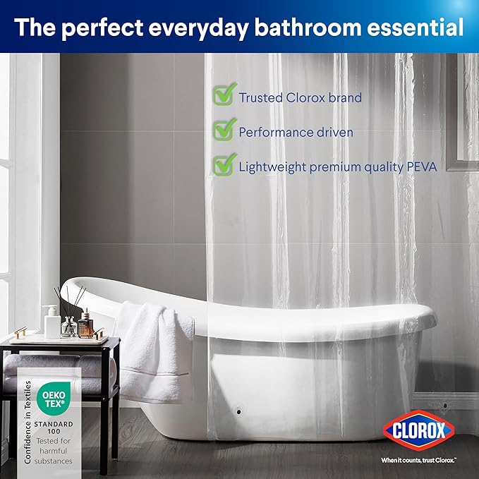 CLOROX Shower Curtain Liner, Premium Lightweight Durable Waterproof 4g PEVA for Bathroom with Weighted Magnets, Standard Size 70" x 72", Clear 2 Pack