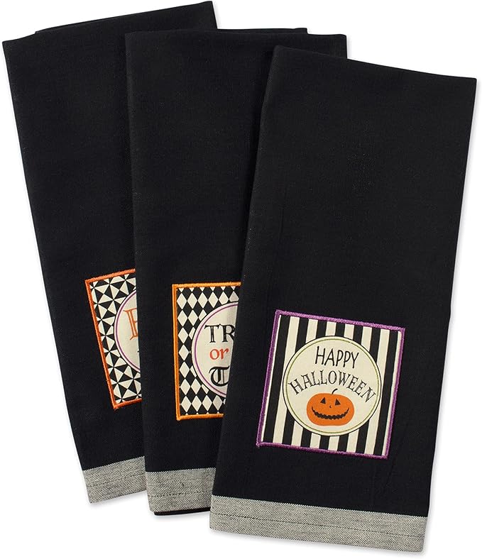 DII Happy Halloween Dishtowel Collection Embellished Cotton Kitchen Hand Towel Set, 18x28, Black All Hallows Eve, 3 Count