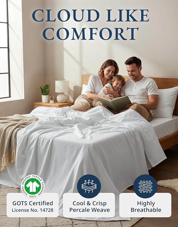 LANE LINEN 100% Organic Mercerized Cotton Pre Washed Full Size Bed Sheets, Soft & Comfy Low Pill Fade Resistance Fully Elasticized Oeko Tex Certified 15" Deep Pocket Full Sheet Set - White