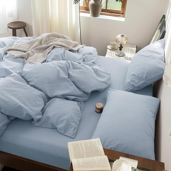 FOSSA Duvet Cover Set 100% Washed Cotton Linen Feel Super Soft Breathable Cozy 3 Pieces Bedding Sets Solid Cornflower Blue Oversized King Plus