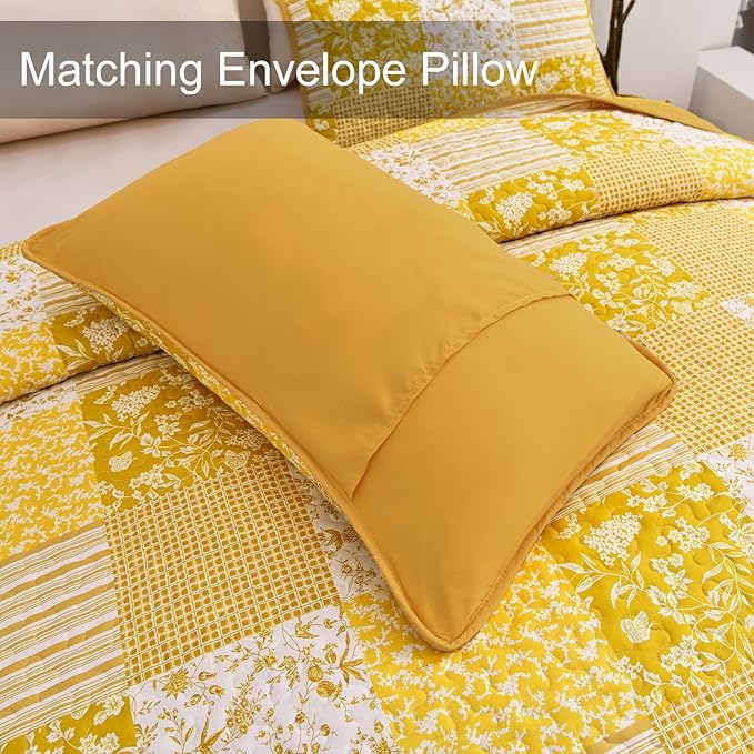 Mybedsoul Yellow Boho Quilt Set King Size,3 Pieces Plaid Floral Bedspread Coverlet Set Summer,Patchwork Reversible Bedding Set King 90"x104"