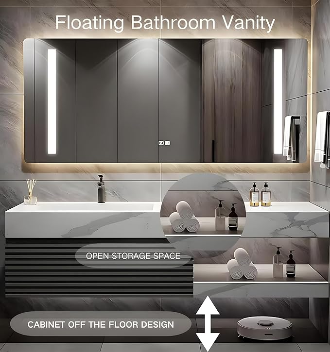 Bathroom Vanity 68 inch, Single Sink Floating Vanity Set Includes Anti-Fog LED Mirror Cabinet, Slate Countertop and Wall-Mount Sink Cabinet, Modern Bathroom Vanities(Greyish Black)