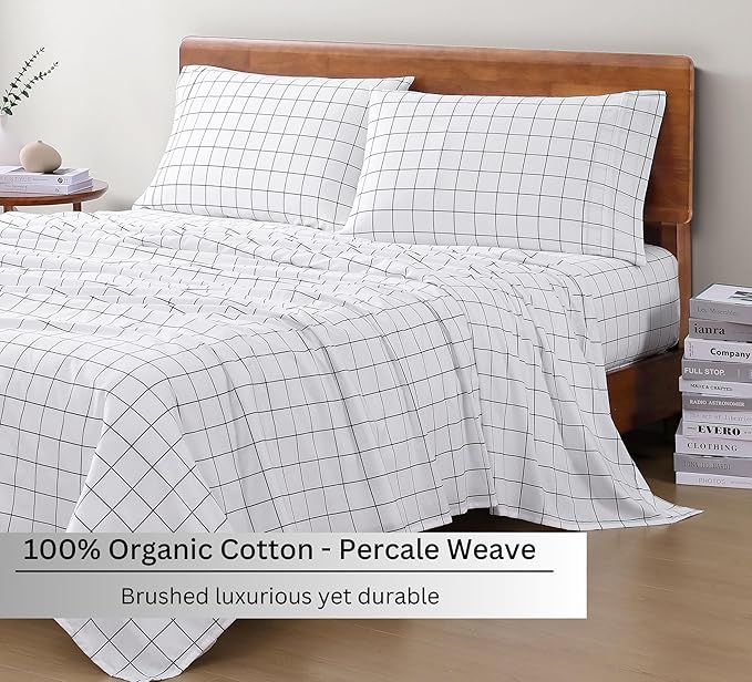 LANE LINEN 100% Organic Cotton Sheets RV Queen, 4-Piece Bed Sheets Short Queen Size Cotton, Luxury Sheets, Percale Weave,Breathable Bed Sheets RV Queen Size Deep Pockets Fits Upto 15" - Windowpane