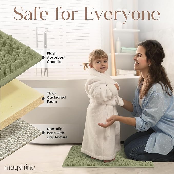 MAYSHINE Plush Shaggy Chenille Bath Mat | Extra Soft, Super Absorbent, Non-Slip Bathroom Rug | Fluffy Microfiber, Area Rug Sets for Bathroom Floor, Kitchen, Living Room | 39"x24" | Sage Green