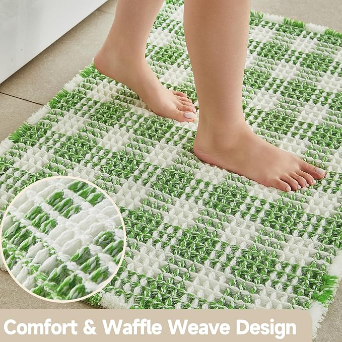 Waffle Bath Mat, Boho Bathroom Rugs Non Slip Washable Absorbent Checkered Bathroom Mat Quick Dry Cute Bath Mat, 48"x24" Green and White