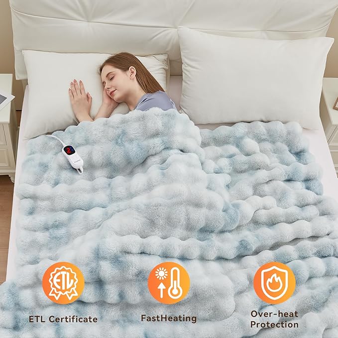 Heated Blanket Full Size with 1/2/4/6/8 Hours Auto-Off 10 Heat Level, 62'' * 84'' Cozy Faux Rabbit Fur Bubble Electric Blanket with Overheat Protection(Tie-Dye Blue)