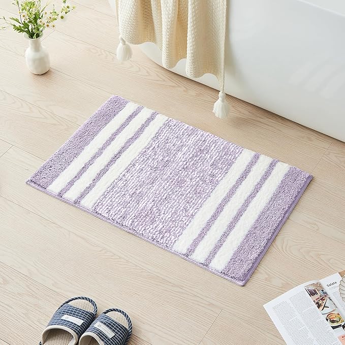 CozeCube Bath mats for Bathroom Non Slip, Fluffy Absorbent Microfiber Bath mat Washable, Aesthetic Bathroom Rugs, Cute Purple Striped Bath mat, Lavender, 32" x 20"
