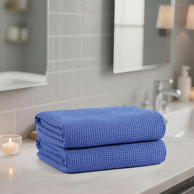 POLYTE Microfiber Oversize Quick Dry Lint Free Waffle Bath Towel for Body, 60 x 30 in, Set of 2
