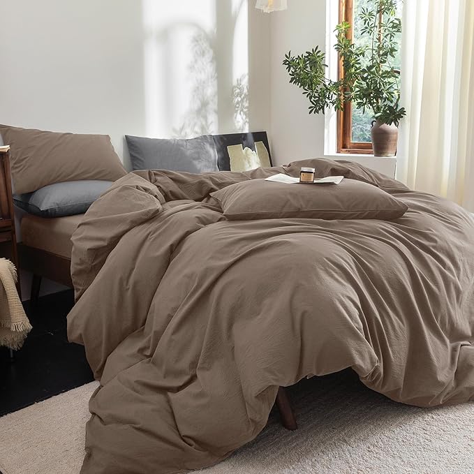 FOSSA Duvet Cover Set 100% Washed Cotton Linen Feel Super Soft Breathable Cozy 3 Pieces Bedding Sets Solid Black Super Queen