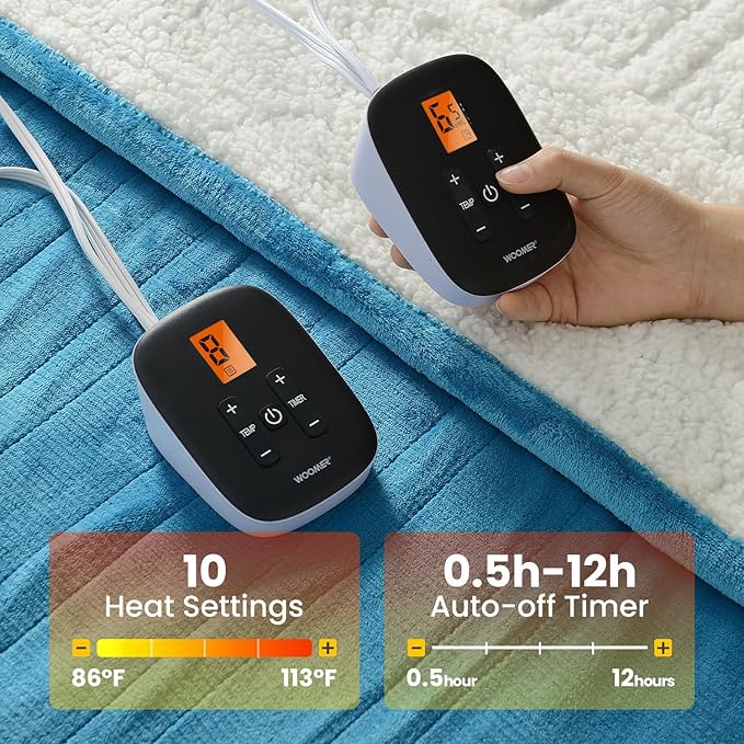 WOOMER Heated Blanket King Size,Durable Flannel and Soft Sherpa,Dual Control,84” × 90” Electric Blanket, 10 Heat Levels&0.5-12h auto-Off, Overheat Protection,Energy Efficient