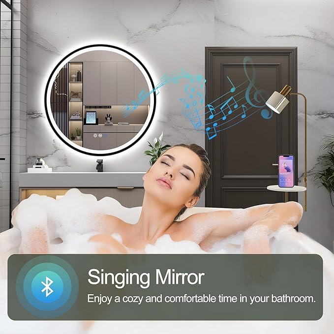 S·BAGNO 28’’ Round Led Bathroom Mirror with Lights, Bathroom Vanity Wall Mirror with Buletooth, Anti-Fog, Stepless Dimmable, 3 Colors, Tempered Glass Lighted Makeup Mirror for Bathroom