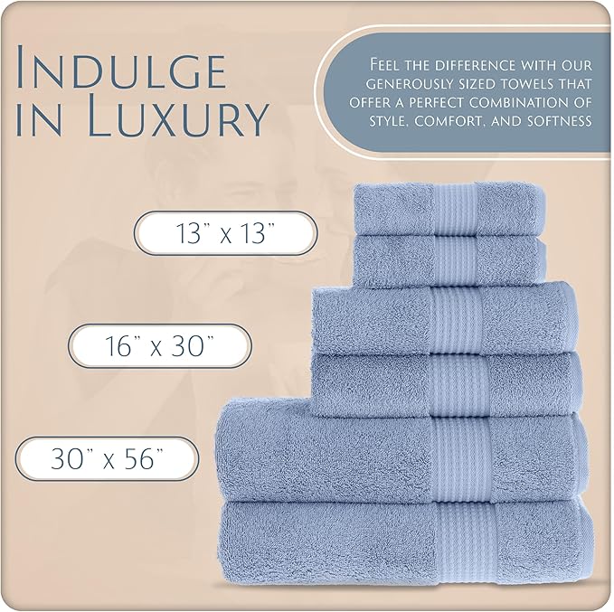 MAURA Basics Bath Towel Sets for Bathroom with Hanging Hook Loops. 2 Bath Towels, 2 Hand Towels, 2 Washcloths, Soft, Durable, Long Lasting and Absorbent Towels Set, Blue Gray