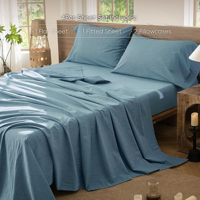 MooMee Bedding Sheet Set 100% Washed Cotton Linen Like Textured Breathable Durable Soft Comfy (Heathered Peacock Blue, King)