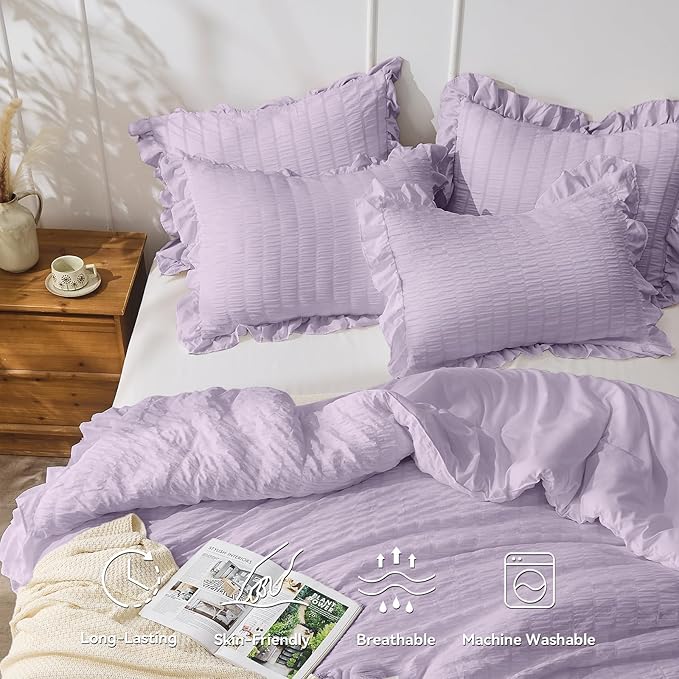 JOLLYVOGUE Lavender King Comforter Set, 3 Pieces Seersucker Comforters King Size, Lightweight & Fluffy Bedding Sets King for All Season with 1 Ruffle Comforter and 2 Ruffle Pillowshams