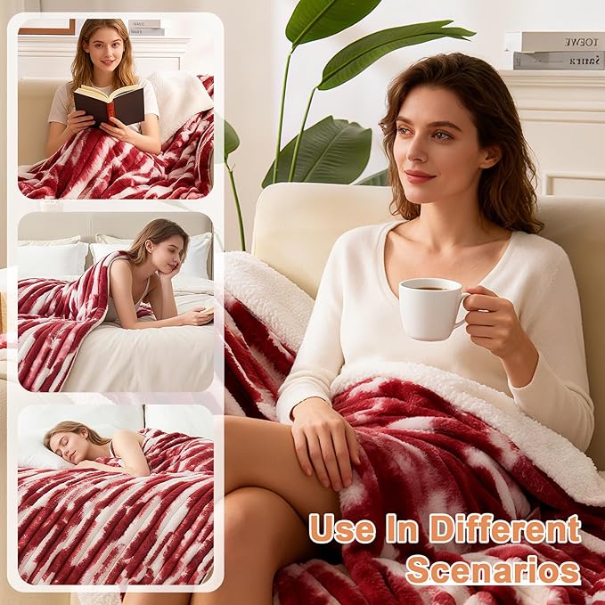 Heated Blanket Throw - 50"x60" Fast Heating Bed Electric Blankets Throw with 6 Heating Levels & 4 Hours Auto Off, Soft Ribbed Faux Fur Sherpa, Over-Heated Protection ETL, Red