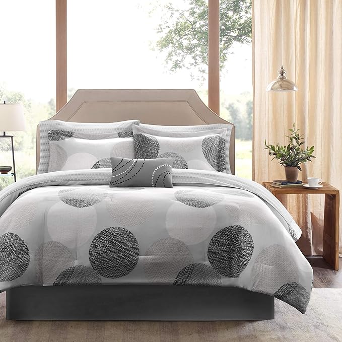 Madison Park Essentials Bed in a Bag Comforter, Vibrant Color Design All Season Down Alternative Cover with Complete Cotton Sheet Set, Cal King(104"x92"), Knowles, Circular Grey, 9 Piece