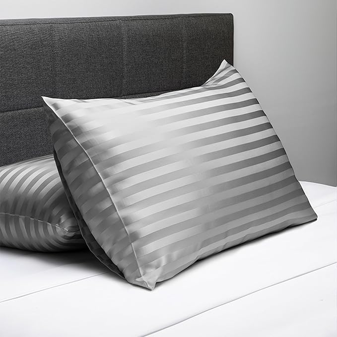Fishers Finery 25mm 100% Pure Mulberry Silk Pillowcase 2 Pack (Gray Stripe Standard 2 Pack)