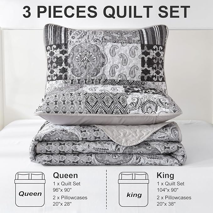 WONGS BEDDING Grey Quilt Set King Size, Patchwork Plaid Bedspread Bedding Sets Soft Microfiber Boho Quilts for King Bed 3 Pieces Coverlet Set for All Season (104"x90")